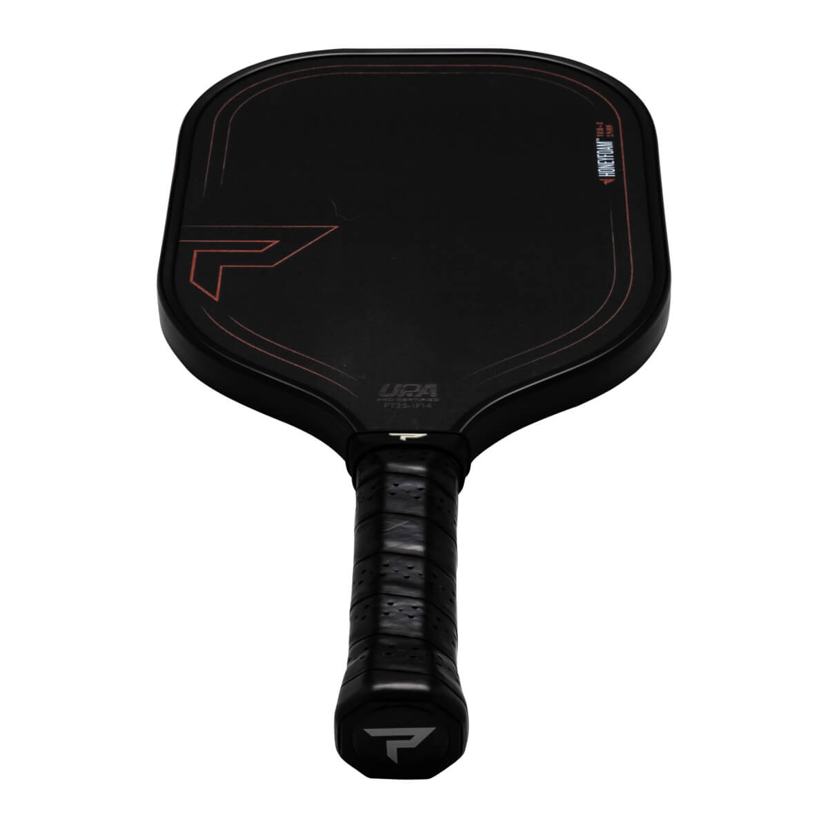 Top-down view of a black pickleball paddle with red trim, a "P" logo, and "HONEYFOAM" text.