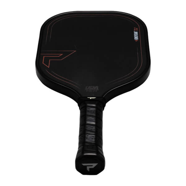 Top-down view of a black pickleball paddle with red trim, a "P" logo, and "HONEYFOAM" text.