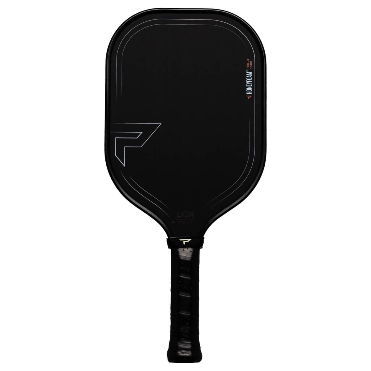 Front view of a black pickleball paddle with white outline details and "HONEYFOAM TKO-X 14MM" text.