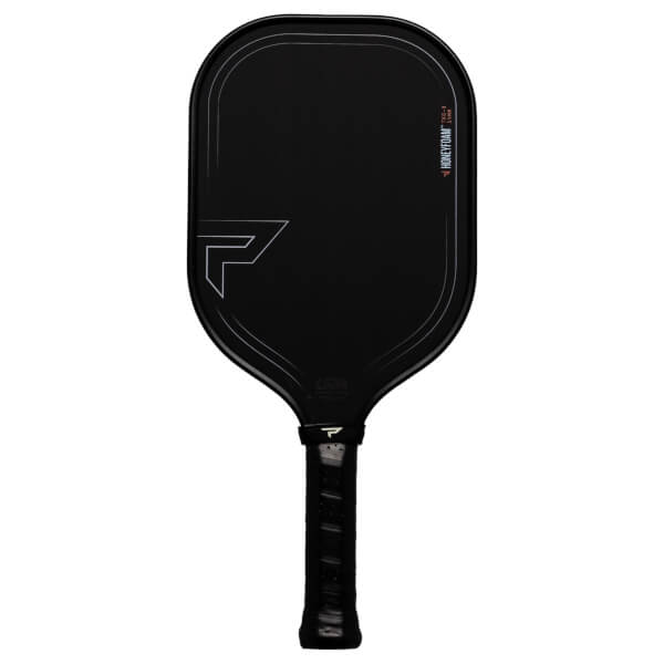 Front view of a black pickleball paddle with white outline details and "HONEYFOAM TKO-X 14MM" text.