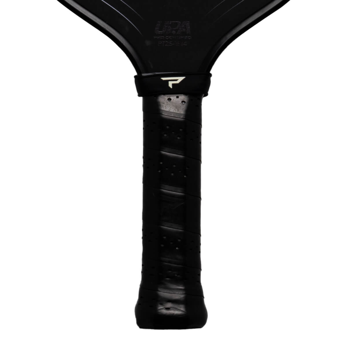 Close-up of the handle and neck of a black pickleball paddle, showing the "P" logo, "USA PRO CERTIFIED", and "PT25-H14".