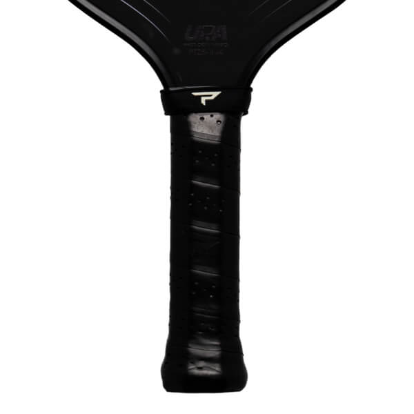 Close-up of the handle and neck of a black pickleball paddle, showing the "P" logo, "USA PRO CERTIFIED", and "PT25-H14".