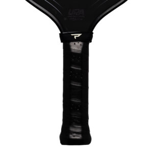 Close-up of the handle and neck of a black pickleball paddle, showing the "P" logo, "USA PRO CERTIFIED", and "PT25-H14".