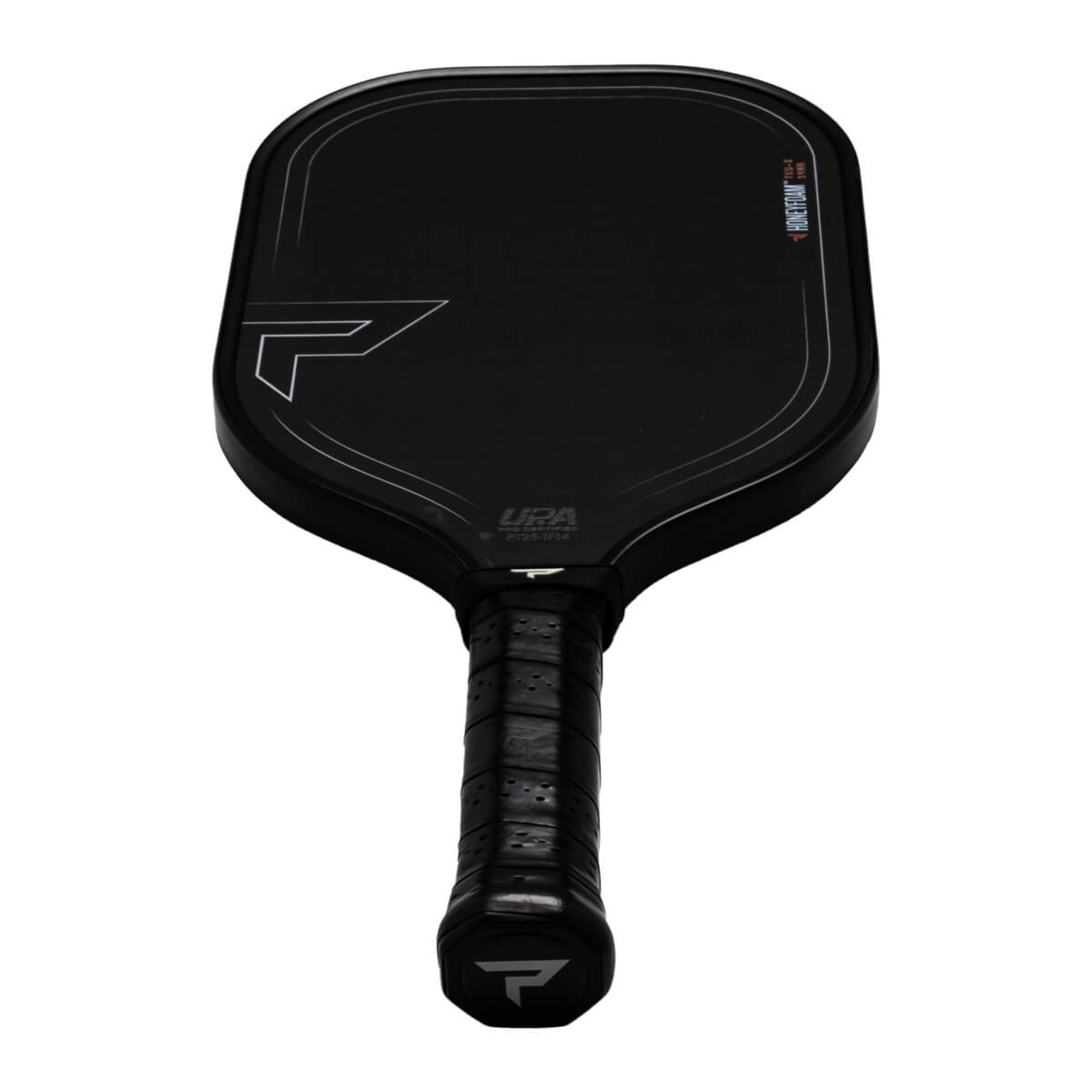 Top-down view of a black pickleball paddle with white accents, "HONEYFOAM" and "TKO-X" text, and a "P" logo on the handle.