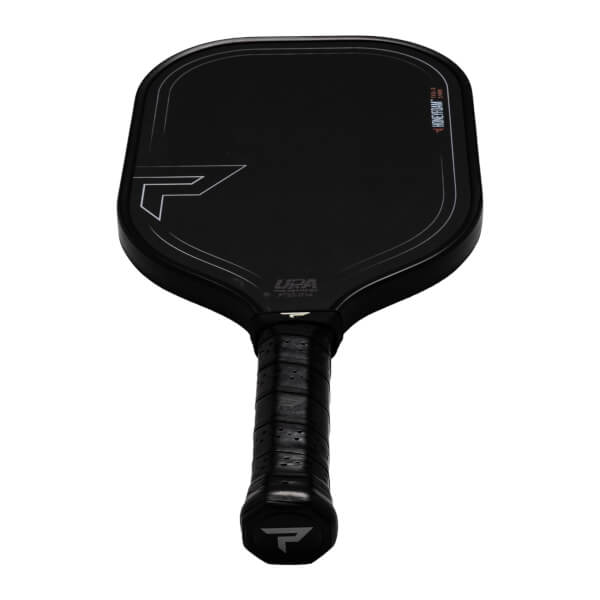 Top-down view of a black pickleball paddle with white accents, "HONEYFOAM" and "TKO-X" text, and a "P" logo on the handle.
