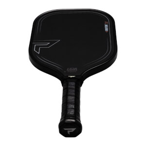 Top-down view of a black pickleball paddle with white accents, "HONEYFOAM" and "TKO-X" text, and a "P" logo on the handle.