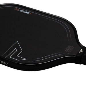 Close-up of a black pickleball paddle showing "HONEYFOAM", "TKO-X", and a white "R" logo.