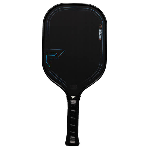 Front view of a black pickleball paddle with blue accents, showing the "HONEYFOAM" text and a "P" logo.