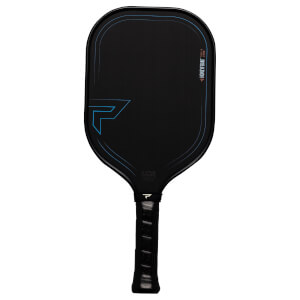 Front view of a black pickleball paddle with blue accents, showing the "HONEYFOAM" text and a "P" logo.