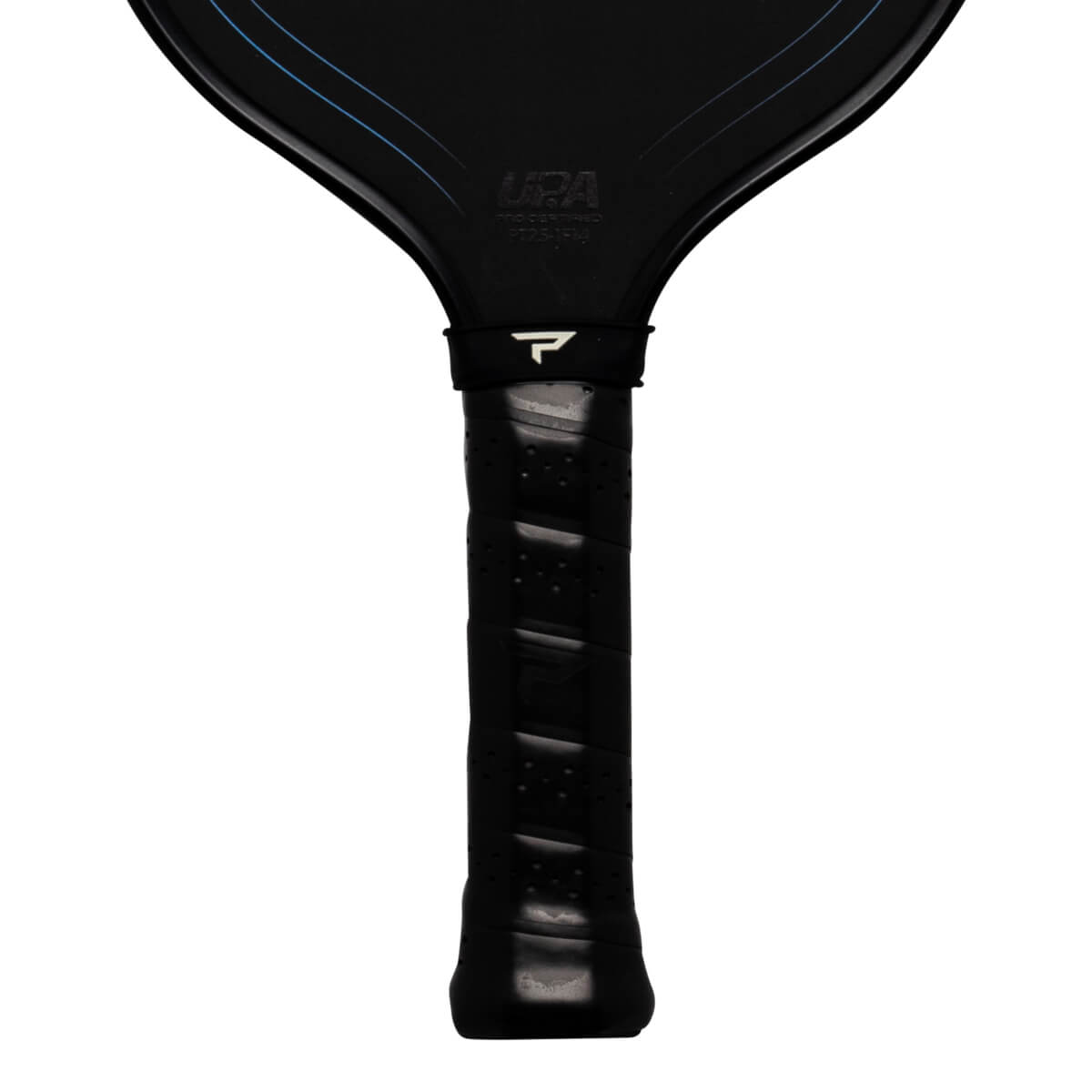Close-up of a black pickleball paddle handle with a white "P" logo and "USA PRO CERTIFIED PT25-1F14" text.