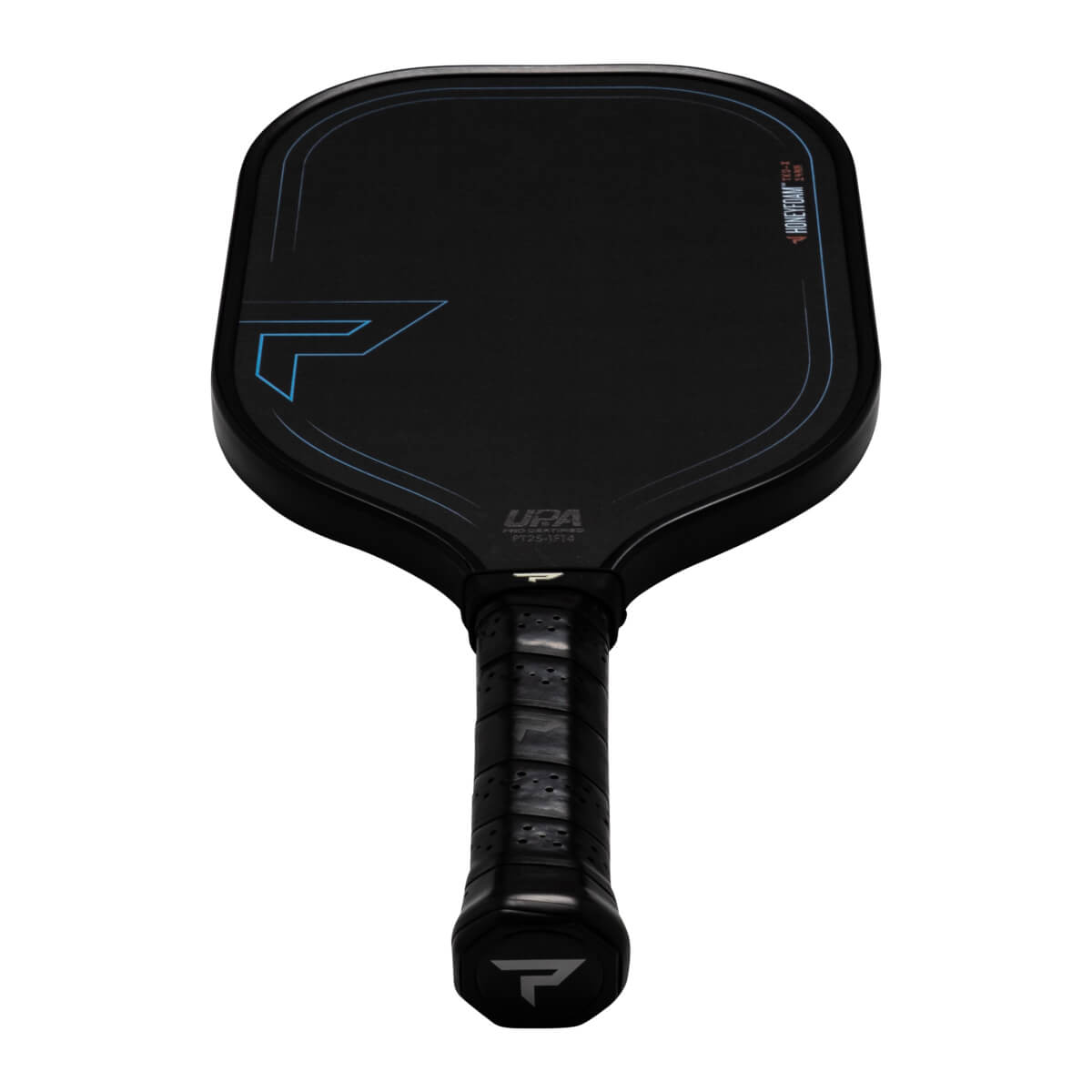 Top-down view of a black pickleball paddle with blue accents, "HONEYFOAM TKO-X" and "UPA PRO CERTIFIED" text.