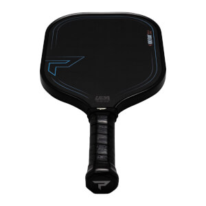 Top-down view of a black pickleball paddle with blue accents, "HONEYFOAM TKO-X" and "UPA PRO CERTIFIED" text.
