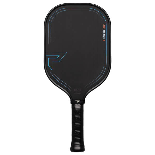 Front view of a black pickleball paddle with blue accents, a large P logo, and Honeyfoam™ text.