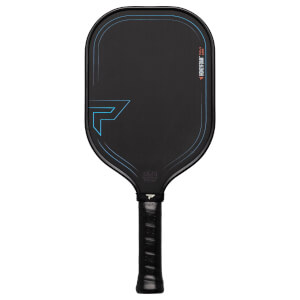 Front view of a black pickleball paddle with blue accents, a large P logo, and Honeyfoam™ text.