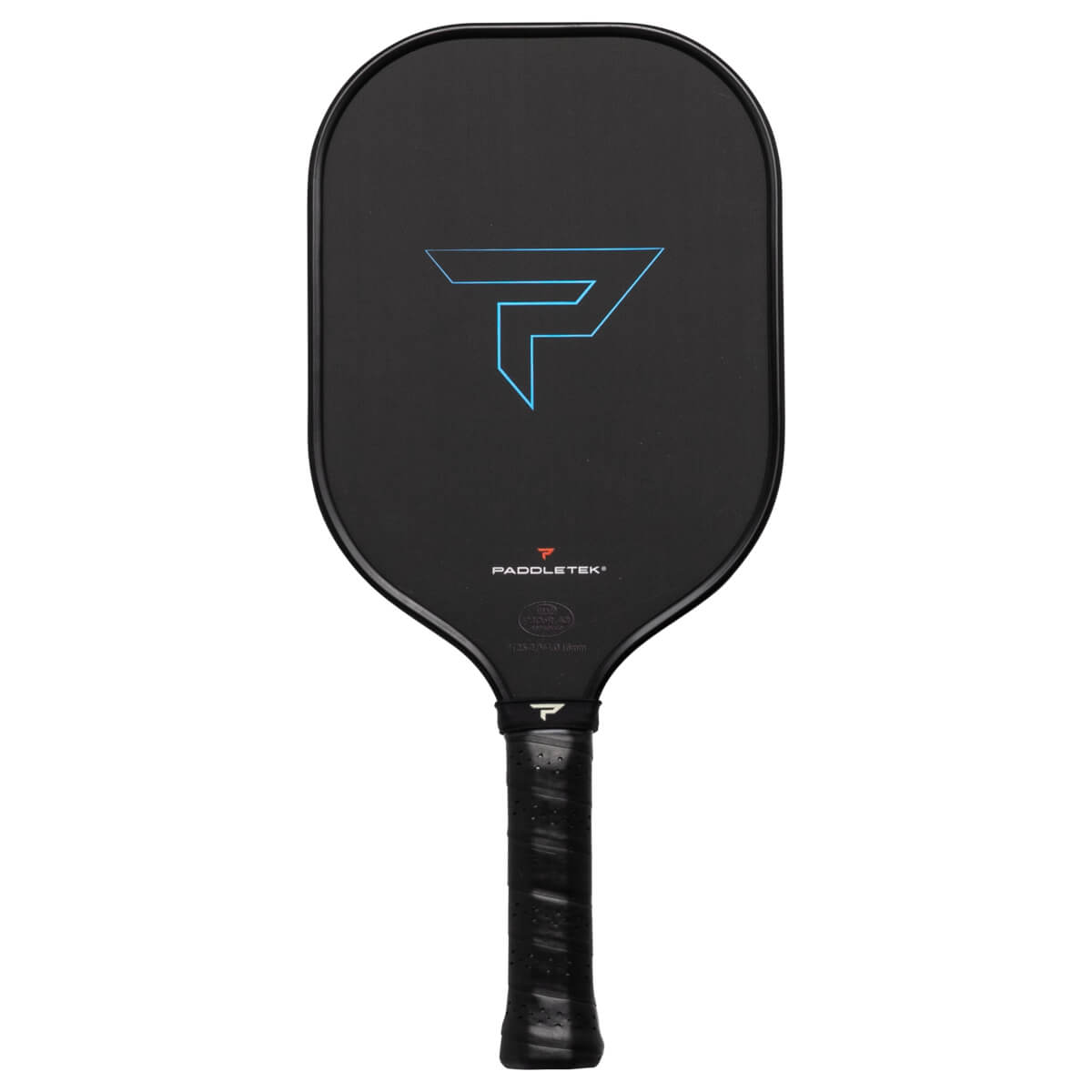 Front view of a black pickleball paddle with a blue geometric logo and Paddletek branding.