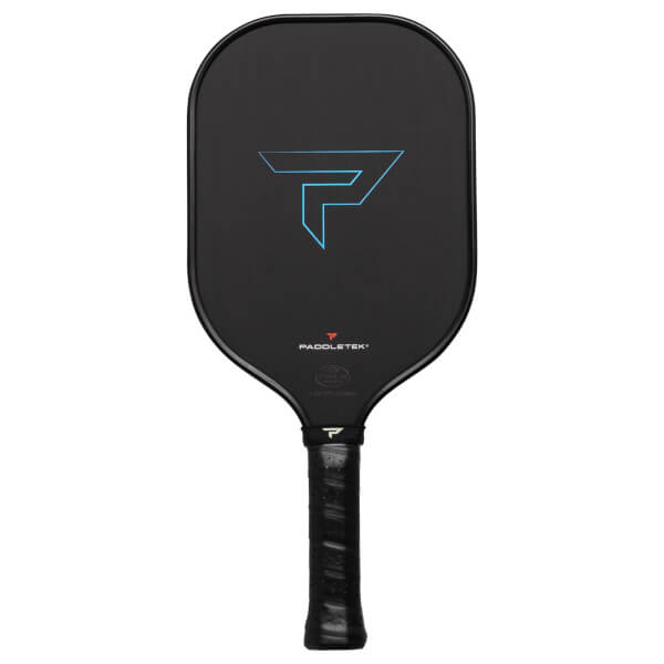 Front view of a black pickleball paddle with a blue geometric logo and Paddletek branding.