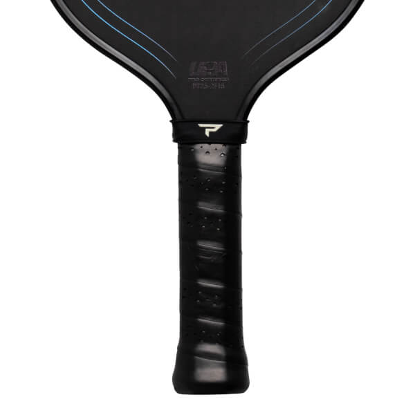 Close-up of a black pickleball paddle handle with a perforated grip and a white P logo.