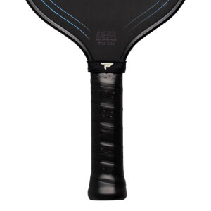 Close-up of a black pickleball paddle handle with a perforated grip and a white P logo.