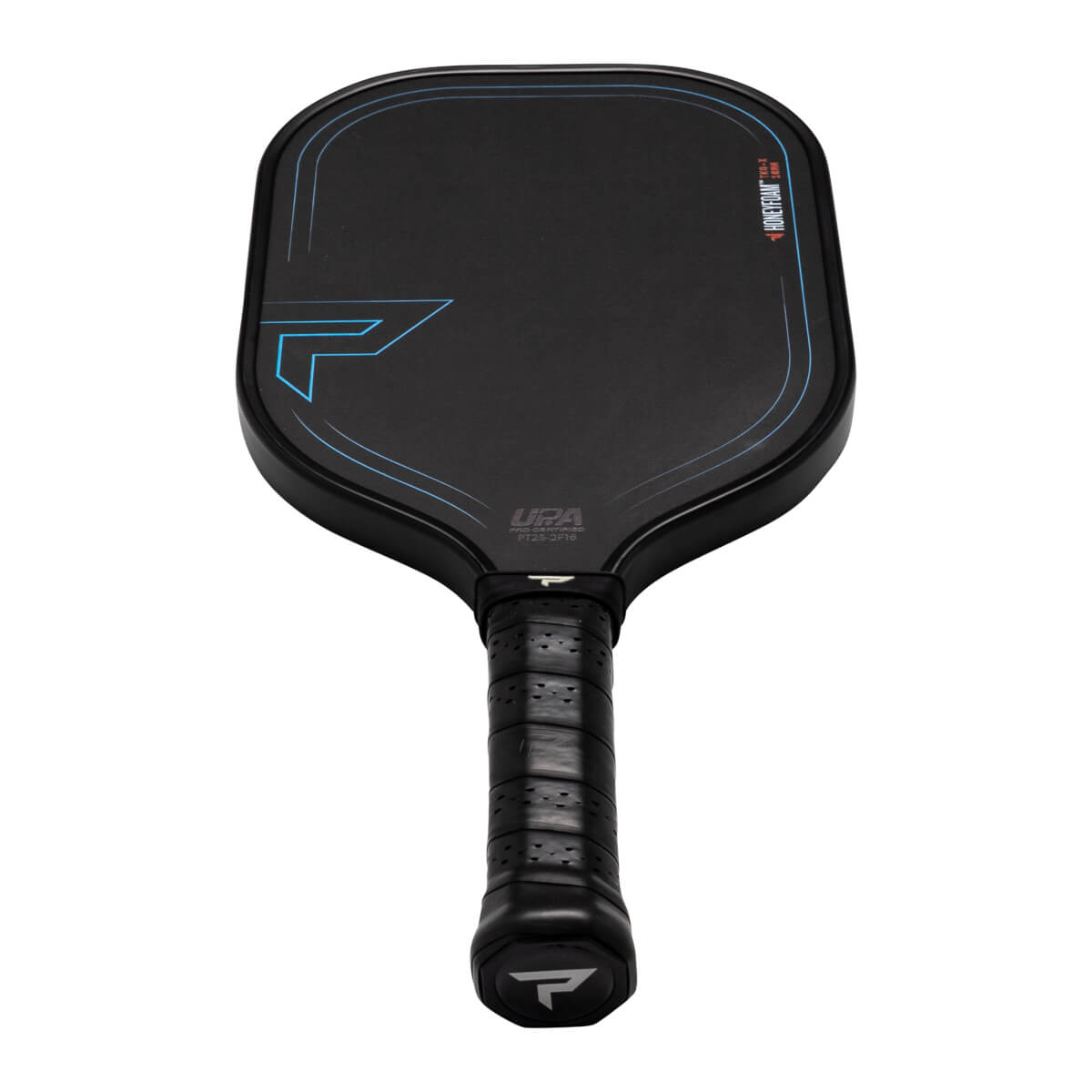 Top-down view of a black pickleball paddle with blue accents, TKO-X text, and a textured grip.