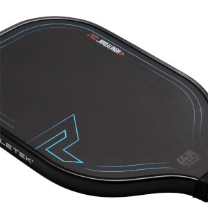 Corner view of a black pickleball paddle with blue accents, HONEYFOAM™ TKO-X 16MM text, and UPA certification.