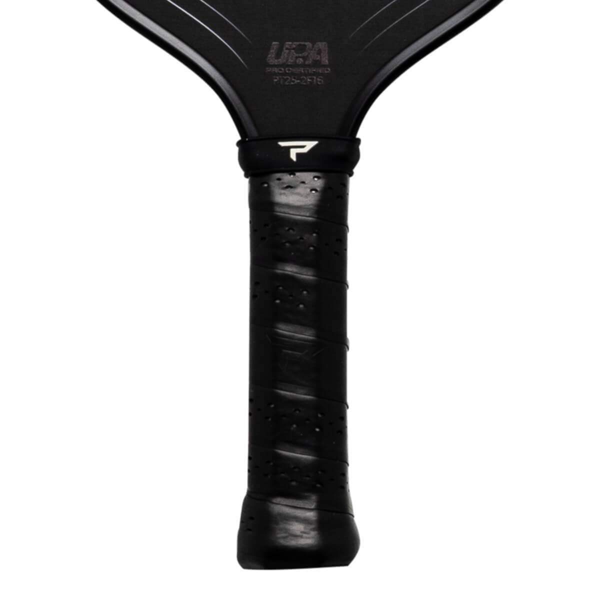 Close-up of the handle and upper neck of a black pickleball paddle, showing the "P" logo and "UAA" text.