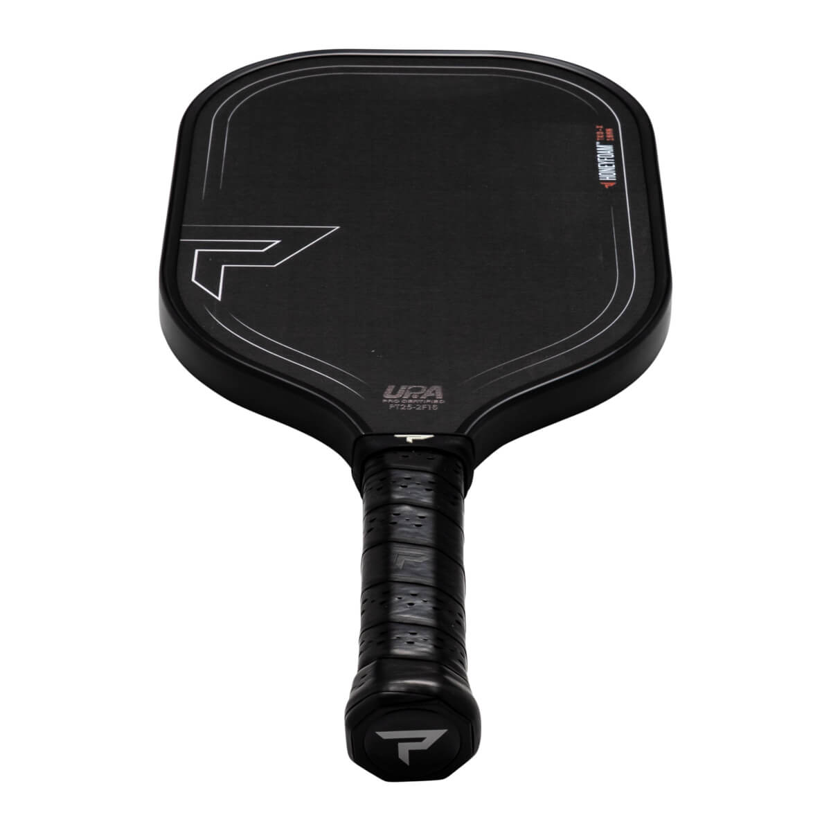 Front view of the black paddle with white outlined "P" logo, "Honeyfoam" text, and "UPA" certification.