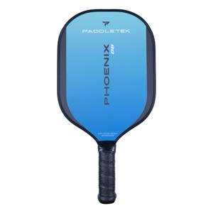Front view of a blue and black pickleball paddle with PADDLETEK and PHOENIX G6 branding, and a textured black grip.