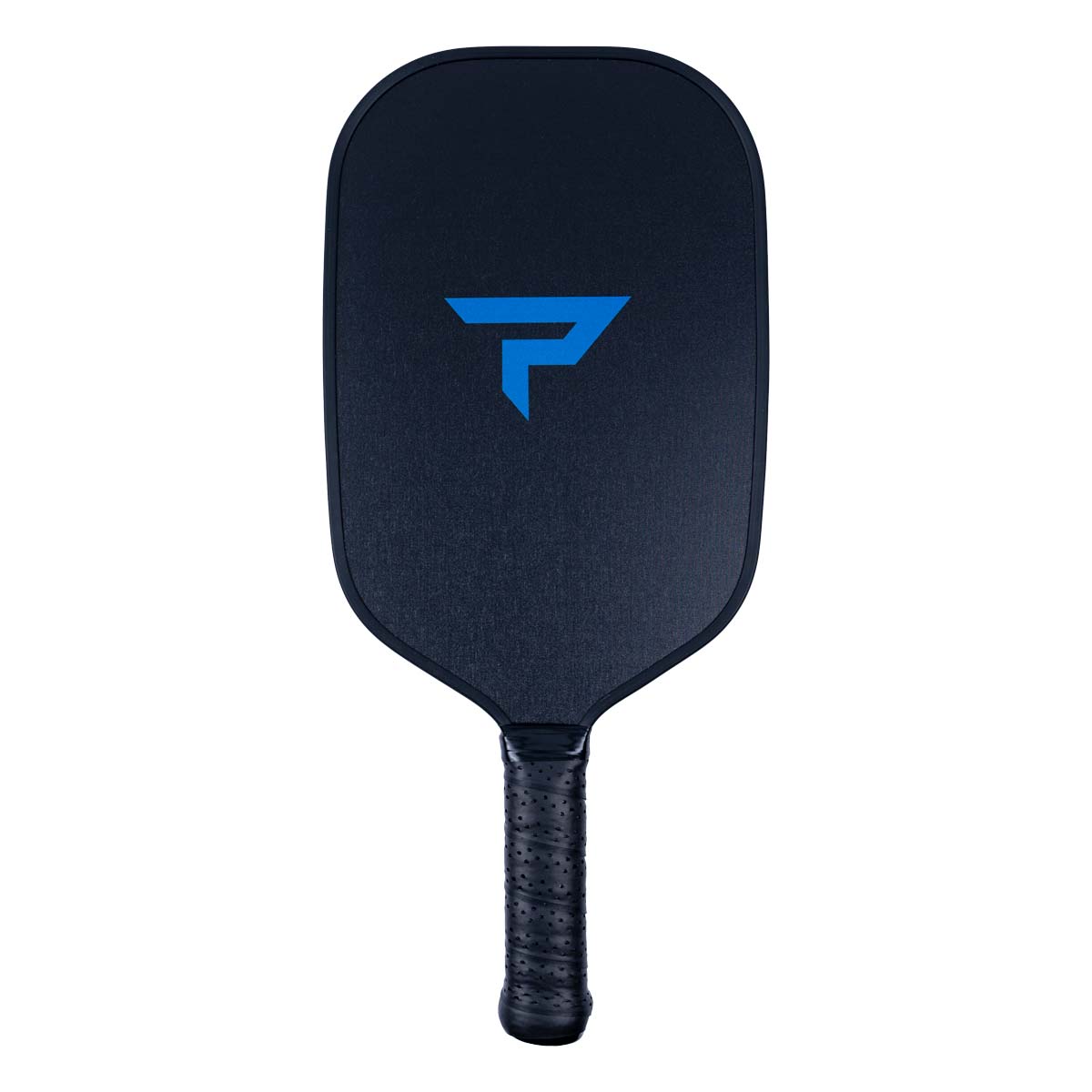 Front view of a navy pickleball paddle with a blue P logo and textured grip.