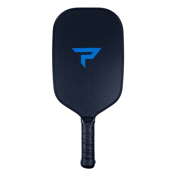 Front view of a navy pickleball paddle with a blue P logo and textured grip.