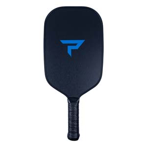 Front view of a navy pickleball paddle with a blue P logo and textured grip.