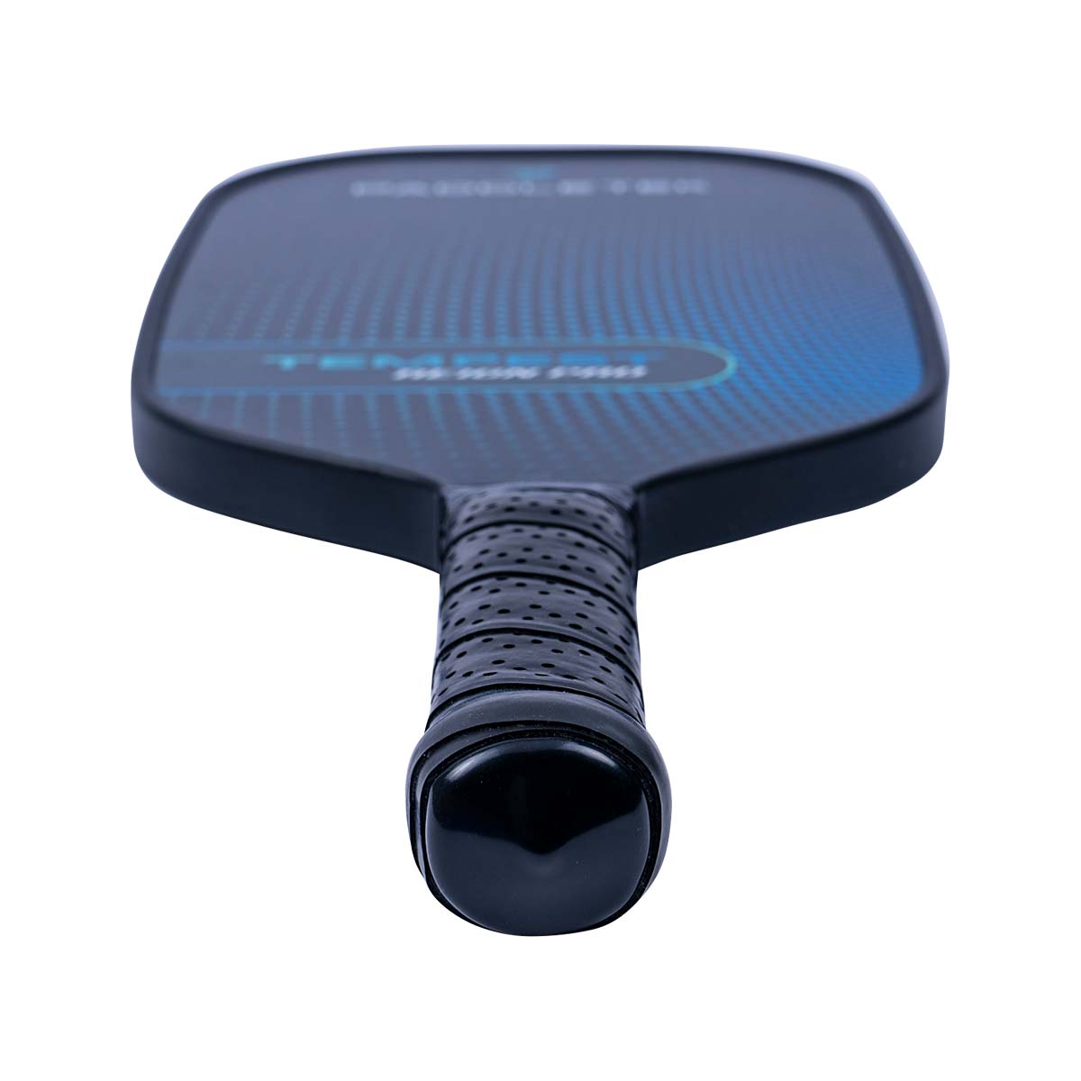 Top-down view of a black pickleball paddle with blue grid pattern and TEMPEST REIGN PRO text.