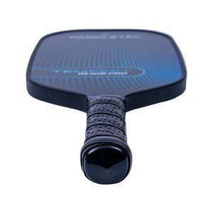 Top-down view of a black pickleball paddle with blue grid pattern and TEMPEST REIGN PRO text.