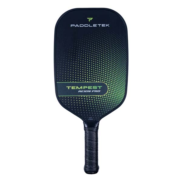 Front view of a black pickleball paddle with green gradient dots and TEMPEST REIGN PRO text.
