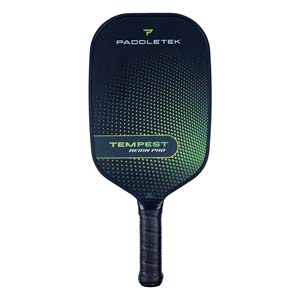 Front view of a black pickleball paddle with green gradient dots and TEMPEST REIGN PRO text.