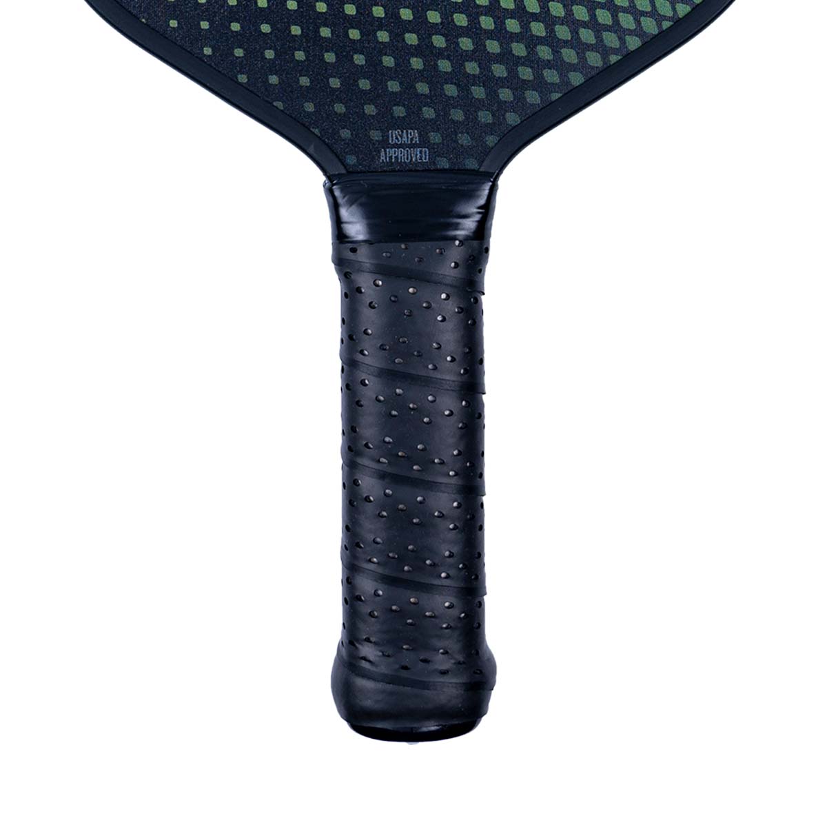 Close-up of a black pickleball paddle grip with USAPA APPROVED text and a patterned face.