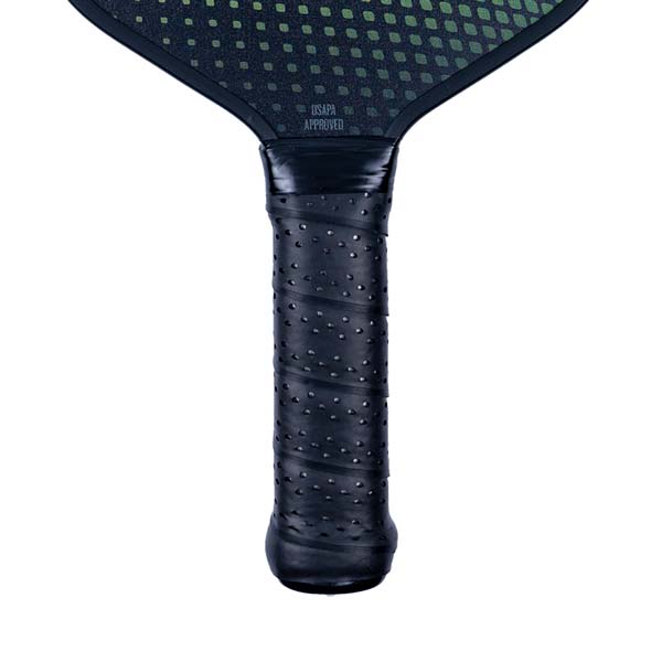 Close-up of a black pickleball paddle grip with USAPA APPROVED text and a patterned face.