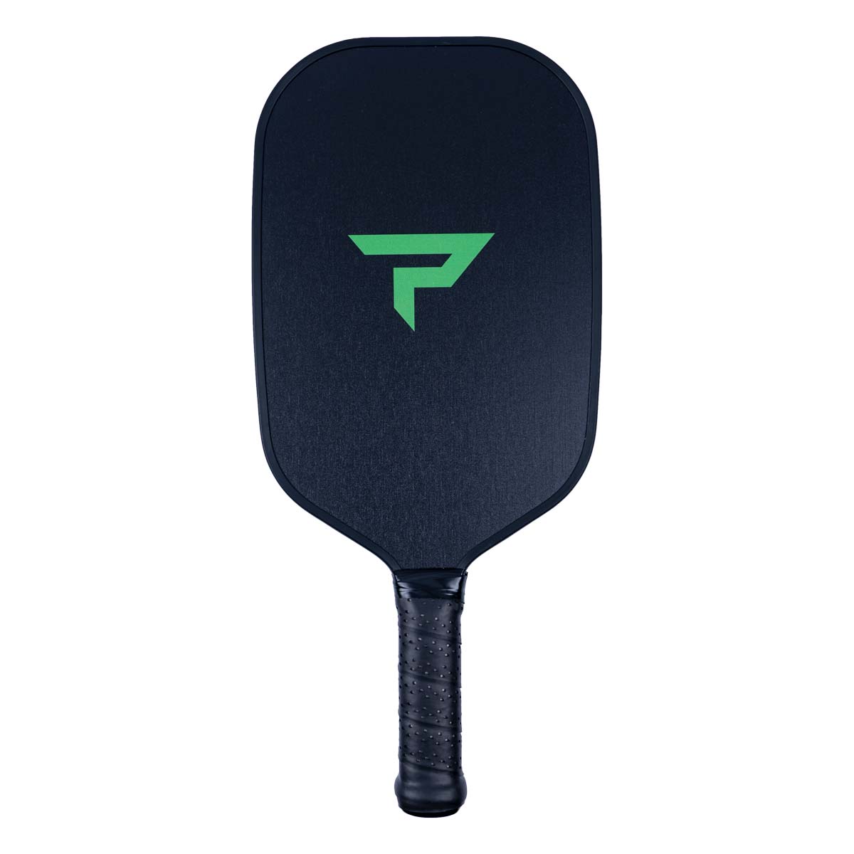 Front view of a dark blue pickleball paddle with a green P logo and textured grip.