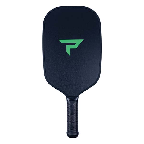 Front view of a dark blue pickleball paddle with a green P logo and textured grip.