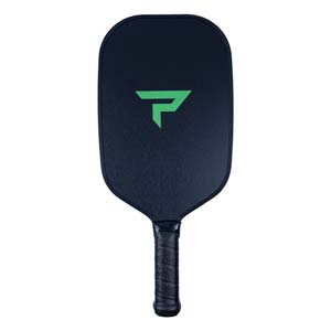 Front view of a dark blue pickleball paddle with a green P logo and textured grip.