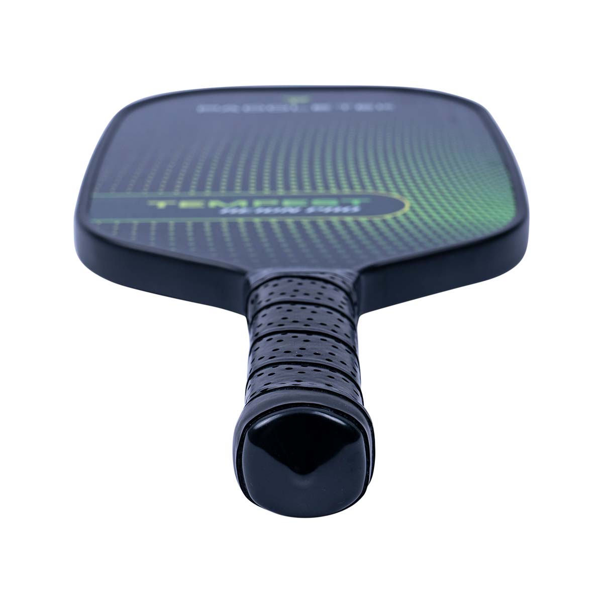 Top-down view of a black pickleball paddle with green dot pattern and TEMPEST REIGN PRO text.