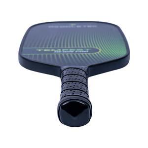 Top-down view of a black pickleball paddle with green dot pattern and TEMPEST REIGN PRO text.
