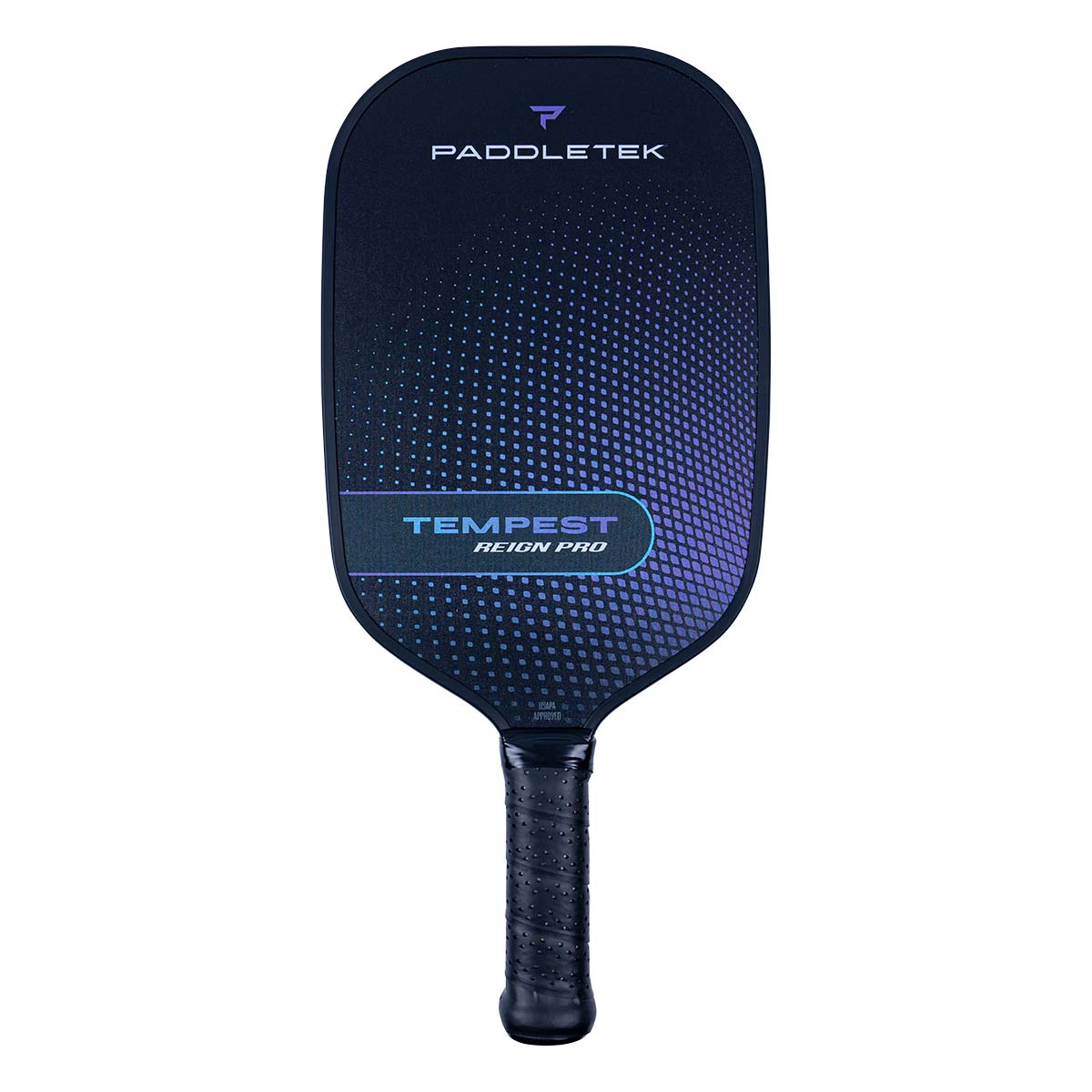 Front view of a dark blue pickleball paddle with PADDLETEK and TEMPEST REIGN PRO text.