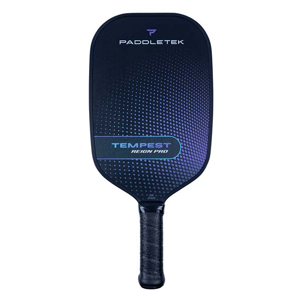 Front view of a dark blue pickleball paddle with PADDLETEK and TEMPEST REIGN PRO text.