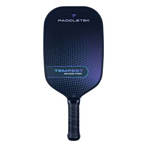 Front view of a dark blue pickleball paddle with PADDLETEK and TEMPEST REIGN PRO text.