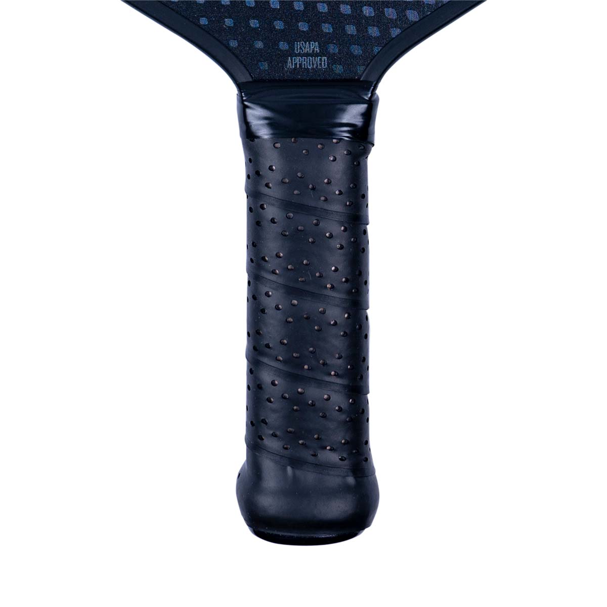 Close-up of a black pickleball paddle grip with perforations and USAPA APPROVED text.