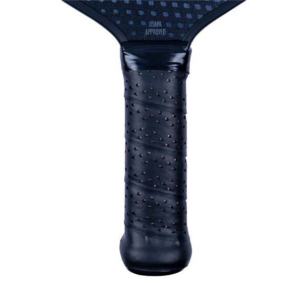 Close-up of a black pickleball paddle grip with perforations and USAPA APPROVED text.