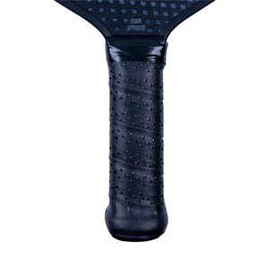 Close-up of a black pickleball paddle grip with perforations and USAPA APPROVED text.