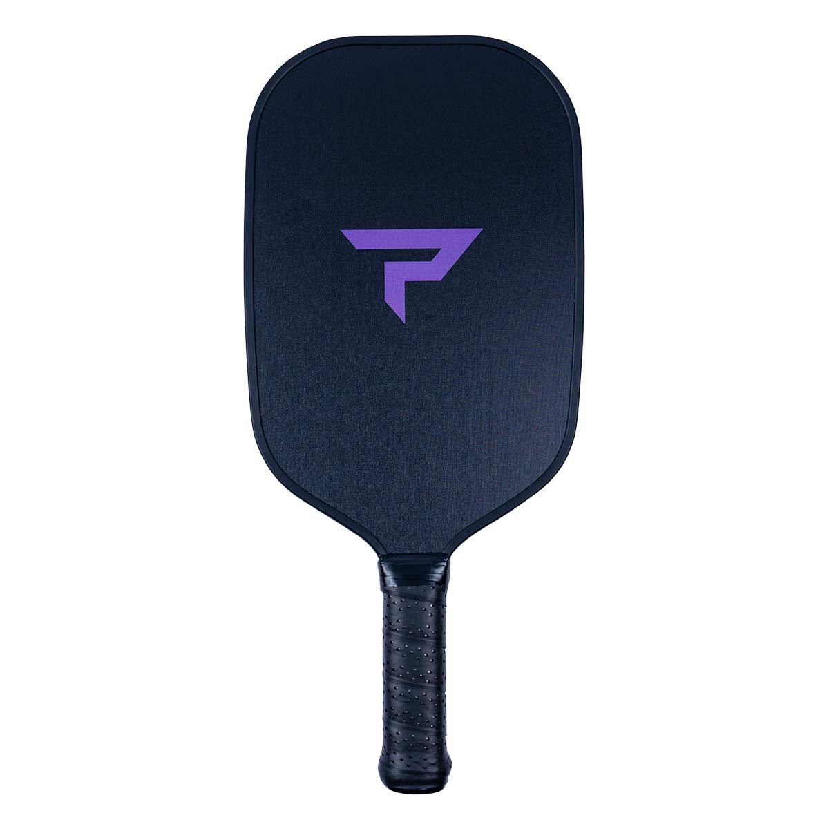 Front view of a dark blue pickleball paddle with a purple logo and textured grip.