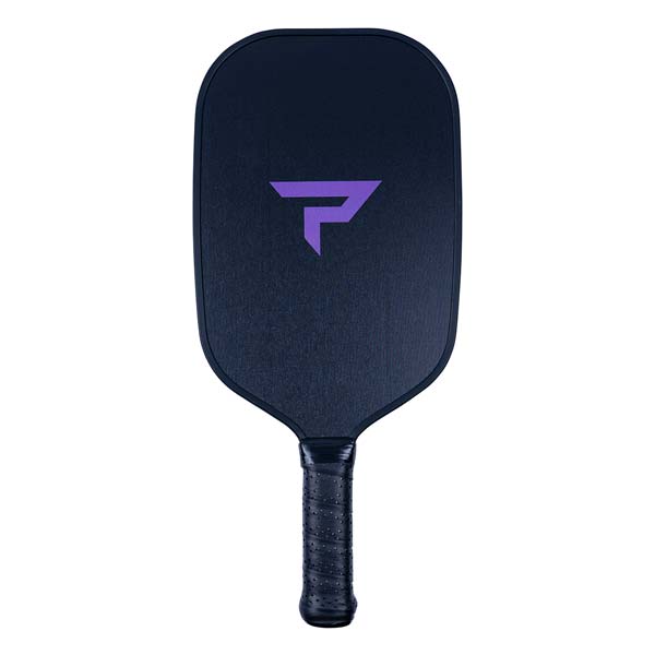 Front view of a dark blue pickleball paddle with a purple logo and textured grip.