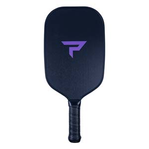 Front view of a dark blue pickleball paddle with a purple logo and textured grip.